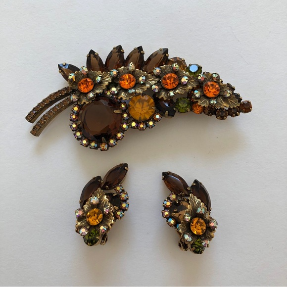 Juliana Jewelry - Juliana Rhinestone Brooch & Earrings, Floral Leaf Design, Fall Colors, Vintage